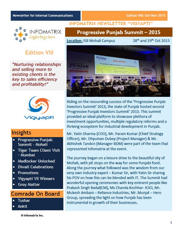Infomatrixinc's tweet photo. #infomatrixinc 8thnewsletter Vigypti Highlights include #progressivepunjabsummit2015 and #newproductdevelopment https://t.co/CPS6FzNDwh