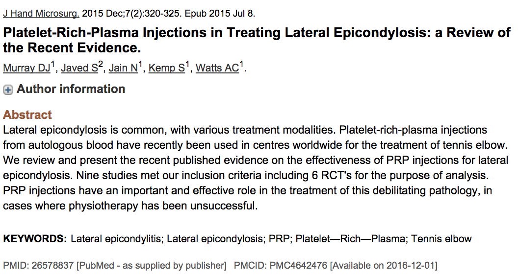 Review Article Journal of Hand Microsurgery confirms benefits of #PRP injection for #TennisElbow <a href="/RestorePDX/">RestorePDX</a>