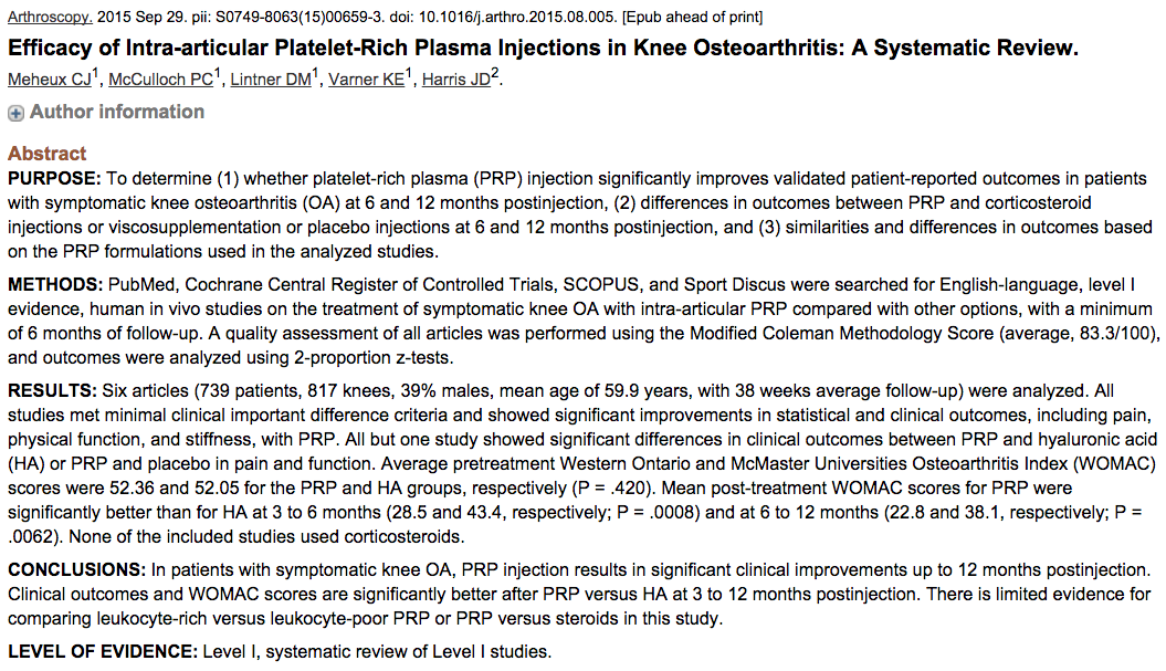 Arthroscopy Ortho Surgical Journal confirms #PRP injections work for #osteoarthritis of knee  <a href="/RestorePDX/">RestorePDX</a>