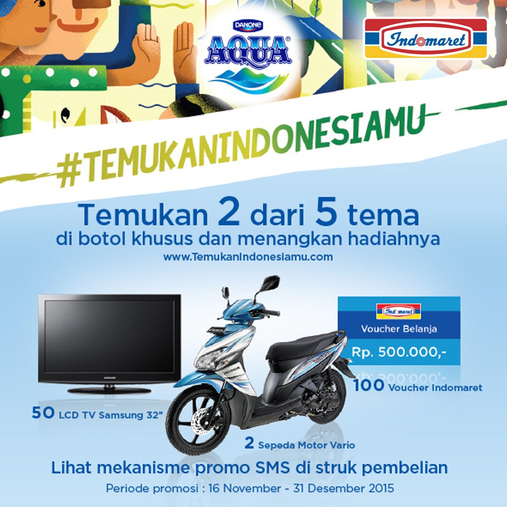 Indomaret's tweet photo. Mau dapetin hadiah2 ini? Beli 4 btl AQUA 600ml di Indomaret dan lihat mekanisme pada struk #TemukanIndonesiamu https://t.co/fZ1OLlckvz