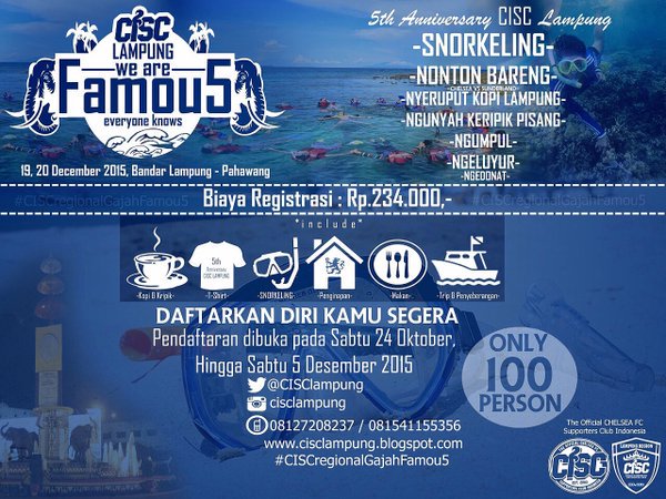 CISCkarimun's tweet photo. #eventCISCsumatera 5thAnniversary @CISClampung !
Segera daftarkan diri kalian, sblm 5 Desember 15!
#GajahFamou5 https://t.co/5C4zEfcIhj