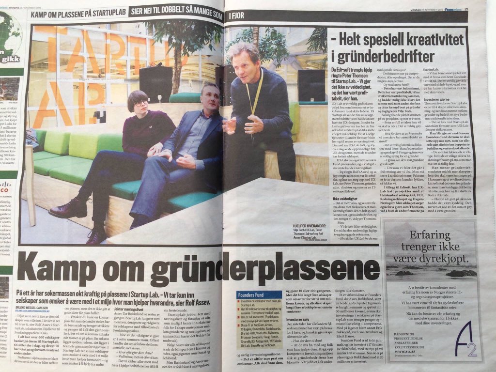 UXLabNO's tweet image. I dagens utgave av @Finansavisen kan du lese hvorfor det kan være lurt å velge mindre byrå, som oss i UX Lab!