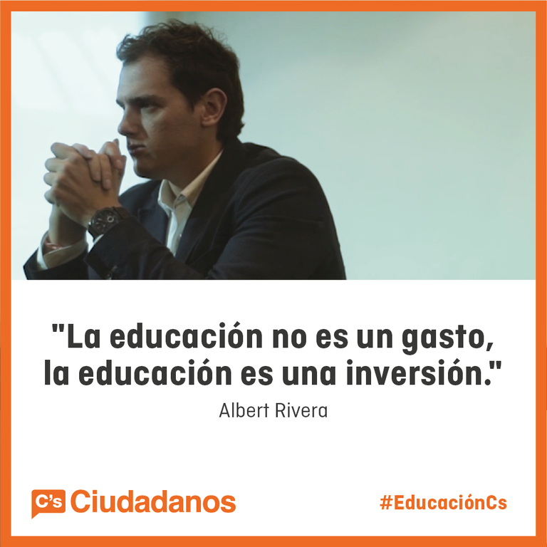 CiudadanosCs's tweet photo. .@Albert_Rivera "La educación no es un gasto, la educación es una inversión" #EducacionCs https://t.co/O80eP2mbz6