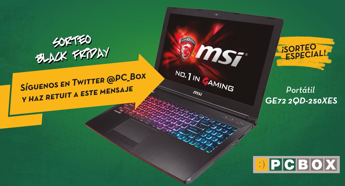 ¡¡MEGASORTEO PCBOX ESPECIAL #BlackFriday!! Participa y GANA este portátil gaming @MSI_IBERIA. #ILoveVerde