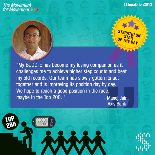 Stepathlon's tweet photo. #Stepathlete Manoj Jain & his team @AxisBank are pushing themselves to reach the top 200. What's your fitness goal? https://t.co/tpa3lA0EnG