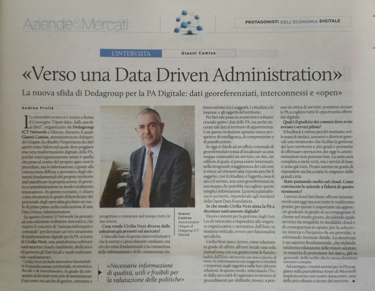andrewjfro's tweet photo. La mia intervista a Gianni Camisa Ad @DEDAGROUP_ICT sull'ultimo numero di @Cor_Com. #Pa #Dati #Digitale #CiviliaNext https://t.co/FHSuksnfdd