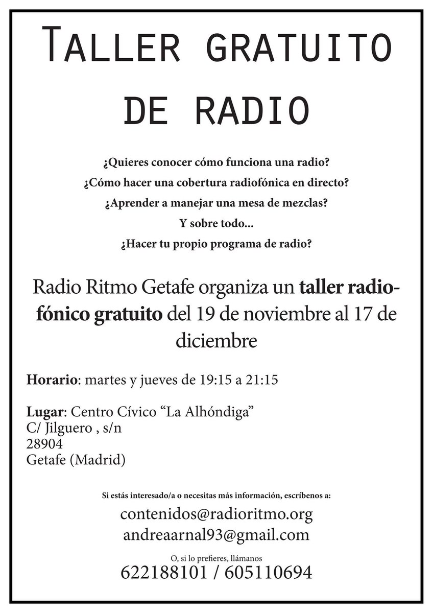 RadioRitmoGTF's tweet photo. Mañana comenzamos el #taller de radio gratuito en nuestra emisora... ¿Te apuntas? contenidos@radioritmo.org https://t.co/86pZotJYSa