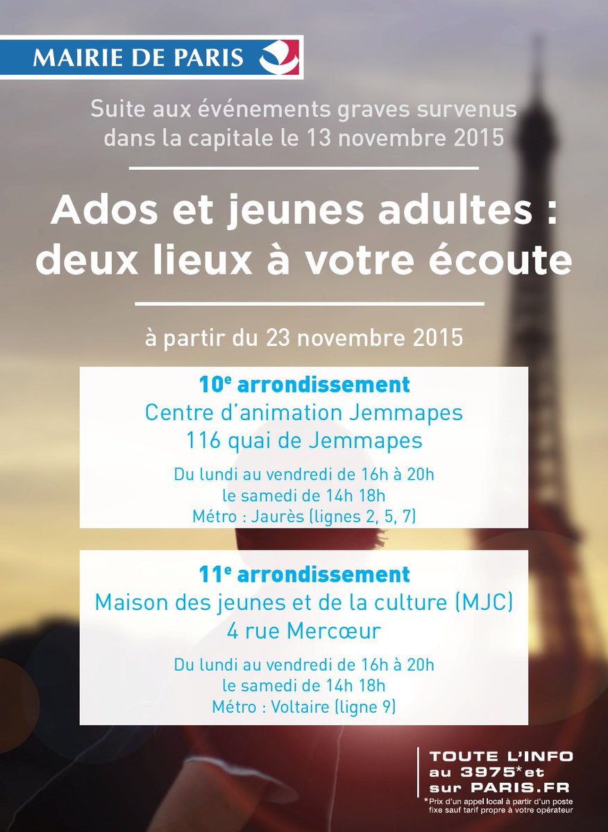 PIMMSdeParis's tweet photo. #attentatparis : des lieux de soutien et d'écoute pour les ados et les jeunes adultes à #Paris10 et #Paris11 https://t.co/Uux9AqFmfn