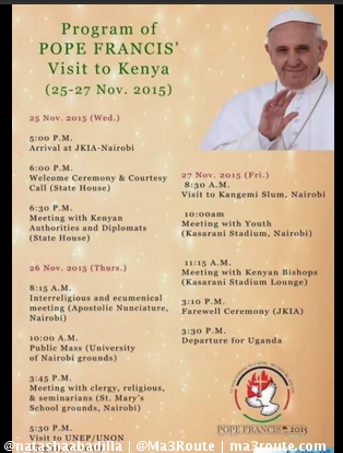 a3Route's tweet photo. Pontifex is coming to #Kenya = holy times, road closures, &amp; traffic jams!  https://t.co/SovBOCO7CB via @natashaabadilla