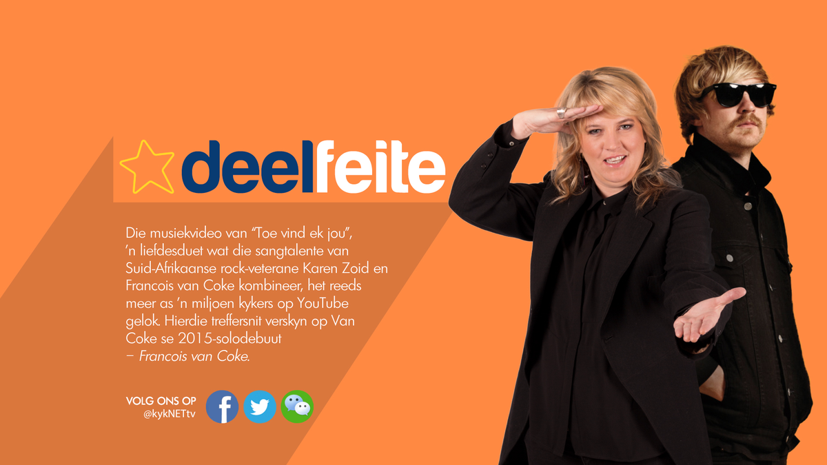 kykNETtv's tweet image. .@karenzoid en @FrancoisVanCoke se #ToeVindEkJou is meer as 1 miljoen keer op Youtube gekyk! bit.ly/1WdoRKY