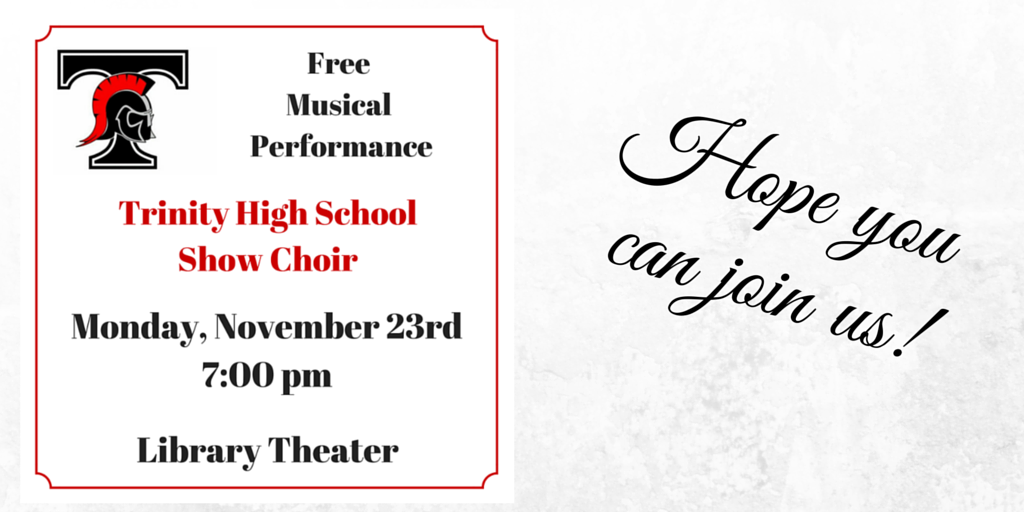 EulessLibrary's tweet photo. Join us tonight to hear the Trinity High School Show Choir perform! The show starts at 7 pm. #TrinityHigh #showchoir https://t.co/9fwmbacQhx