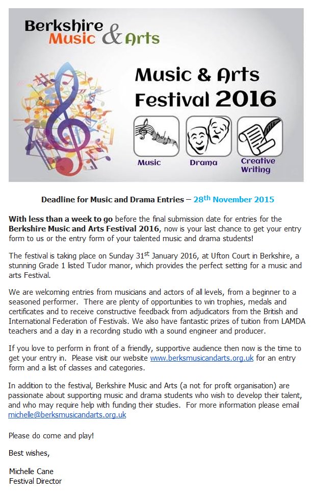 Deadline for music &amp; drama entries is Saturday! Pls RT <a href="/BMaestros/">Betting Maestros 💰</a> <a href="/spurcroftschool/">Spurcroft Primary & Nursery School</a> <a href="/ThealeGreen/">Theale Green School</a> <a href="/HoganMusic/">Hogan Music</a>