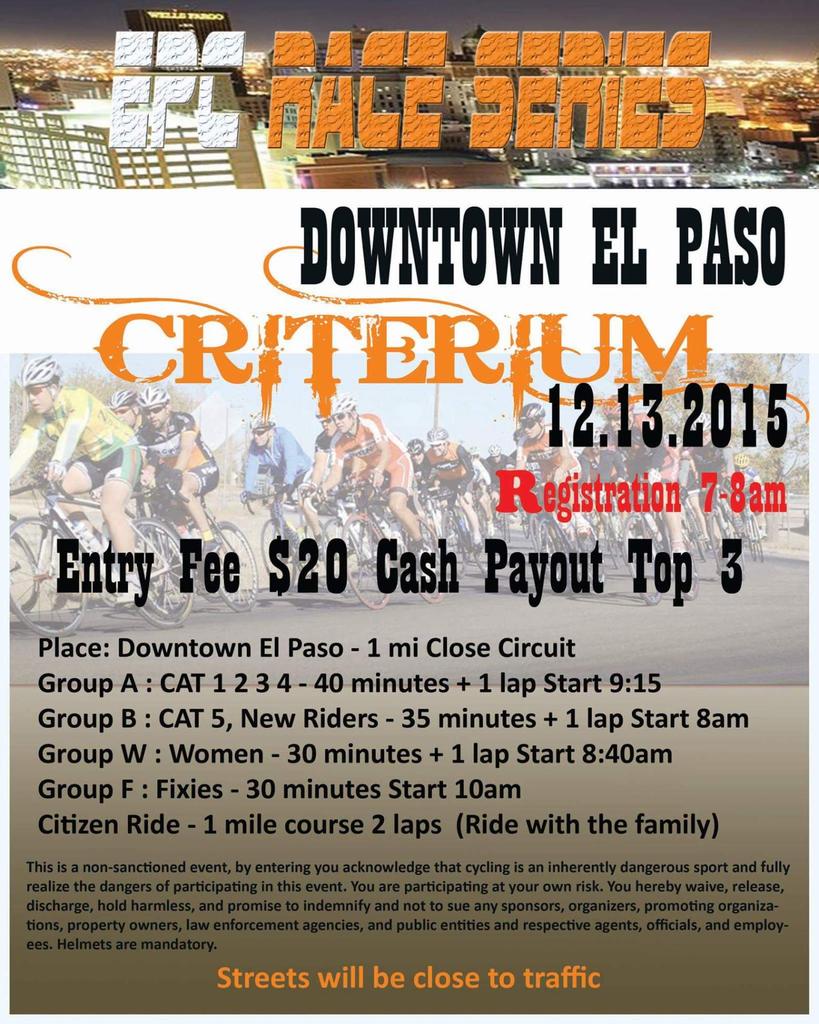 Downtown El Paso Crit + Ride
Come cheer on the racers...
Then take your turn on the course!
Dec 13
#GetActiveElPaso