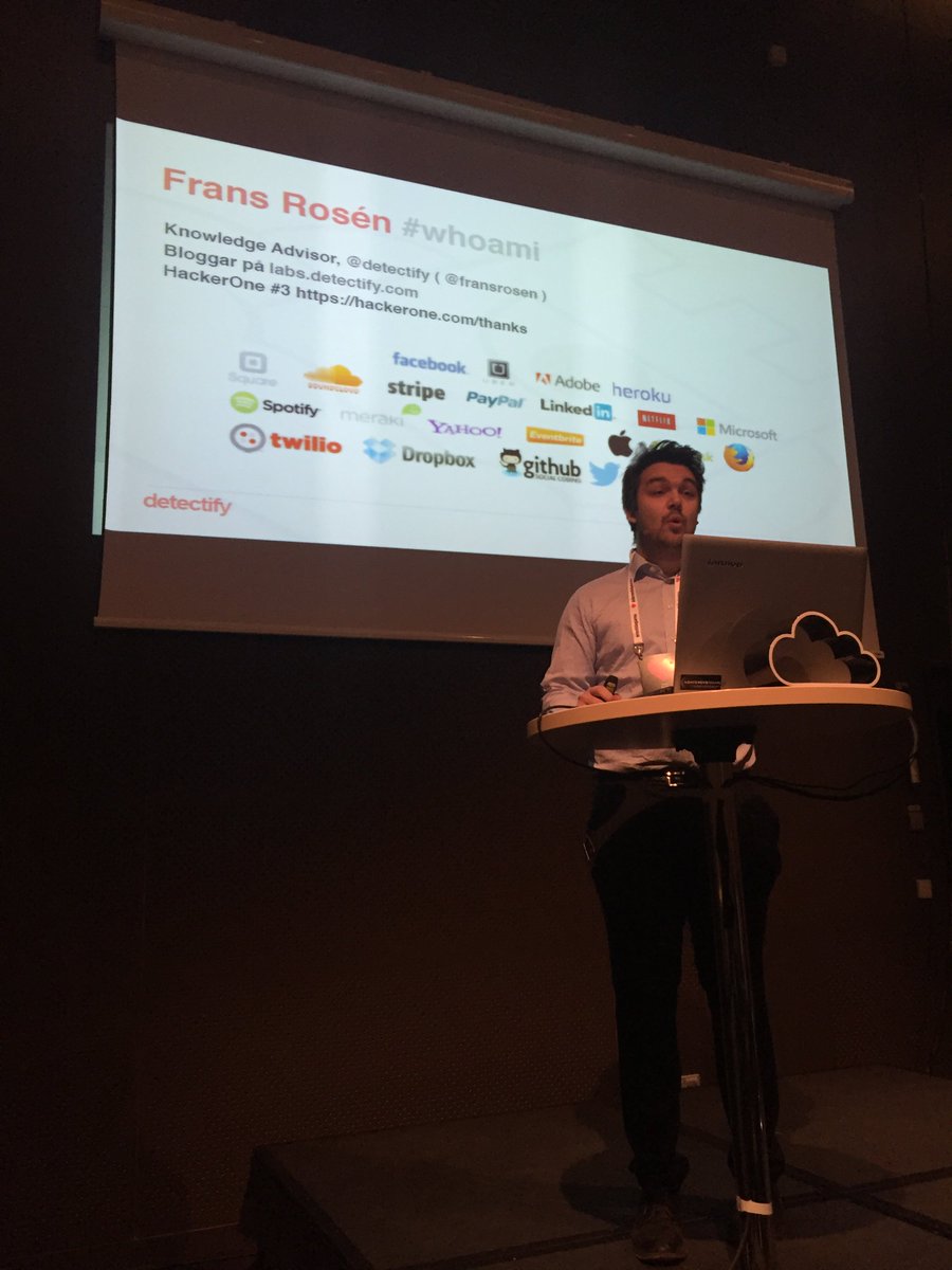 jonasl's tweet photo. @fransrosen från @detectify på scen på #cloudsecind15 #IND15 https://t.co/PhWnQK0scx