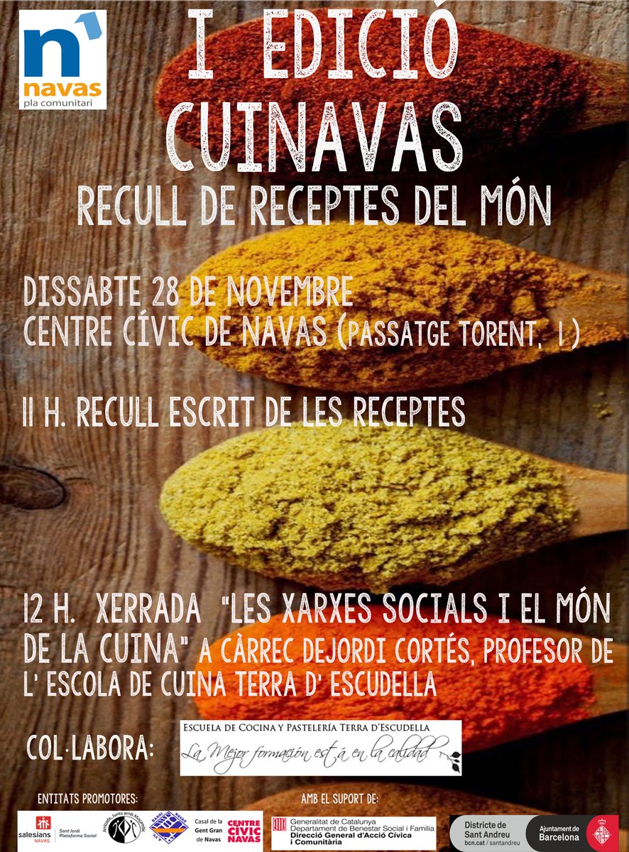 pdcnavas's tweet photo. Xerrada "Les xarxes socials i el món de la cuina". Dissabte 28/11 a les 12h al Centre Cívic de Navas. https://t.co/dJ3JaPckXi