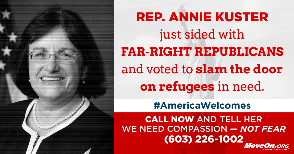 MoveOn's tweet photo. #NH's @RepAnnieKuster, we are a country that says #RefugeesWelcome. #AmericaWelcomes #LiftMyLamp https://t.co/N0YPlbEIPM