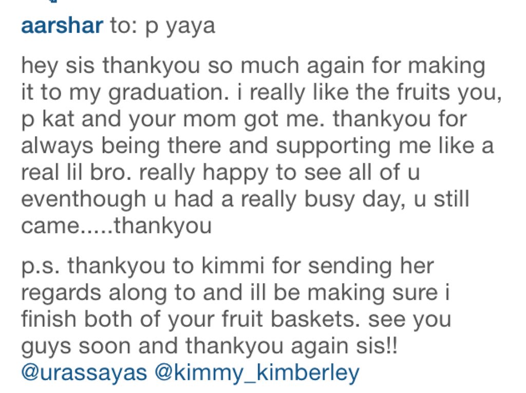 to: p yaya 

#jamesma กล่าวขอบคุณ #urassayas และ #kimmy_kimberley  ผ่านไอจีพี่อ๋า #aarshar #JMAgrad2015 #เจมส์มาร์