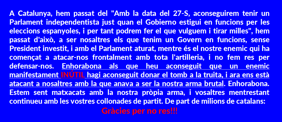 Marta_catalonia's tweet photo. Un missatge pels polítics que ens tenen en aquesta situació LAMENTABLE. Fes RT si tu estàs tan emprenyat/ada com jo. https://t.co/0Dx03oQq8i