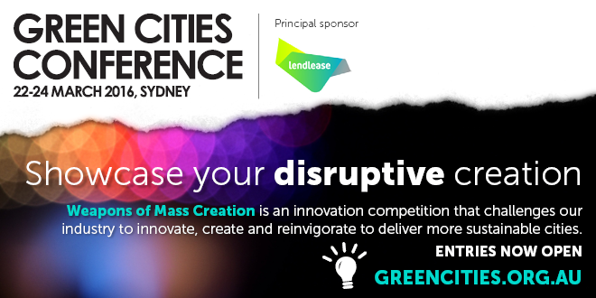 GreenCitiesConf's tweet image. Have you submitted your entry for #GreenCities' Weapons of Mass Creation yet? bit.ly/1NVsVzp #WoMC