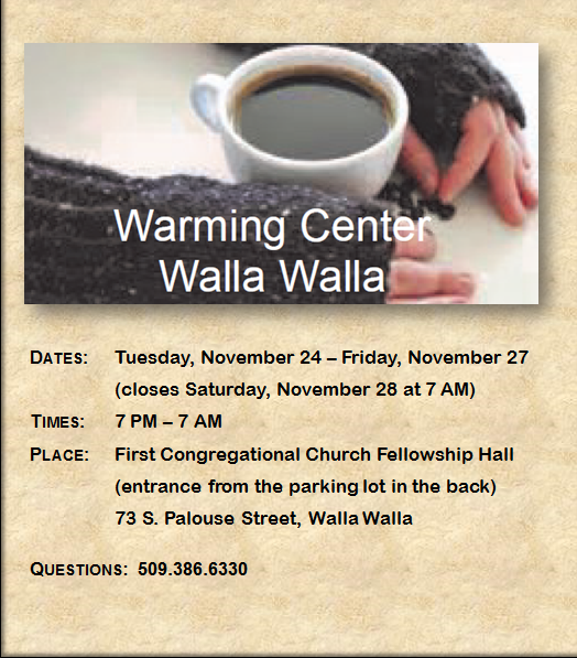 WWSheriff's tweet photo. #wallawalla warming center - 7 pm - 7 am, Tuesday - Friday nights at 1st Congregational Church, 73 S Palouse https://t.co/diU9lsWK60