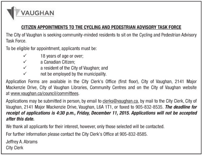 VaughanBUG's tweet photo. The @City_of_Vaughan is looking for community members for the Cycling &amp; Pedestrian Task Force! #cycleVaughan https://t.co/NfFI3O0Z5Q