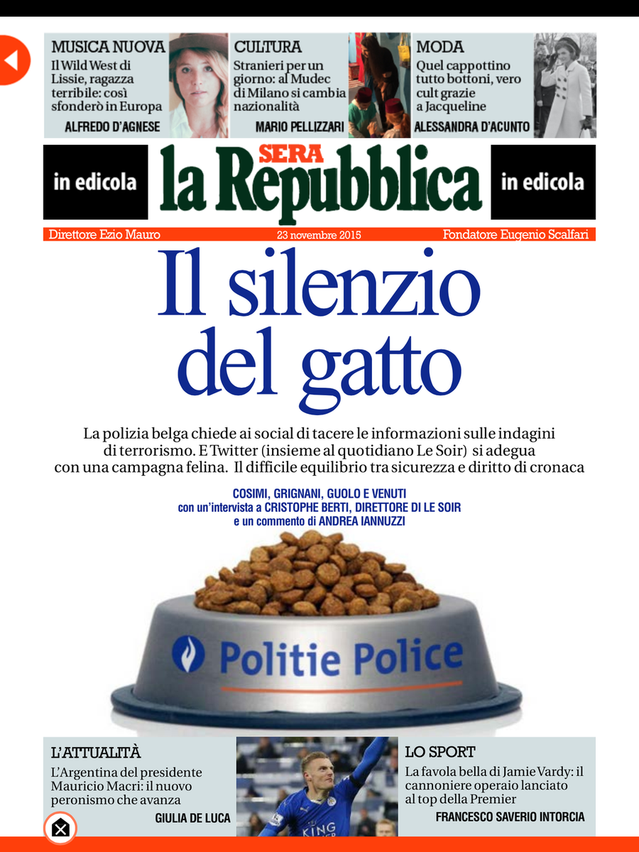 DDMatteis's tweet photo. La première page de #RepubblicaSera ce lundi soir. "Le silence du chat". #BrusselsLockdown #Bruxelles https://t.co/SXl9uV1FdP