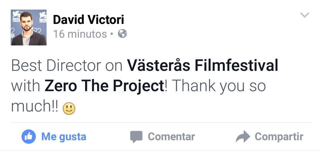 Good news! <a href="/DavidVictori/">David Victori</a> wins Best Director Award at <a href="/vasterasfilm/">Västerås Film Festival</a> ! Congrats David! #ZEROTHEPROJECT
