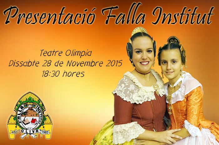 FallaInstitut's tweet photo. Dissabte 28 de novembre a les 18:30 h. - Teatre Olimpia d’Oliva - Presentació de la Falla Institut. Vos esperem !!! https://t.co/UQjpBlhTEm