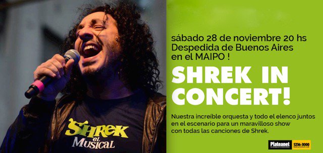 “SHREK, El Musical” en Concierto 
Sábado 28 de Noviembre en el @TeatroMaipo 
<a href="/ShrekStageCo/">Shrek El Musical</a> <a href="/CarlaStageCo/">Carla Calabrese</a>