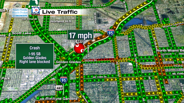 Crash on I-95 SB approaching the Golden Glades. Speeds at 17mph #traffic #miami https://t.co/yoYE71kpHS