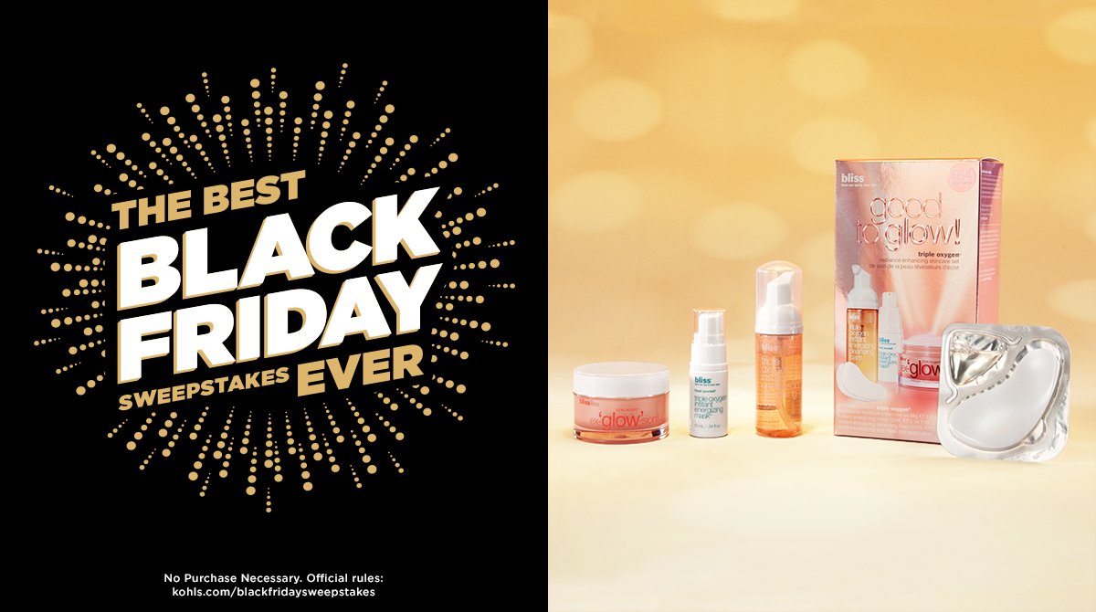 Kohls's tweet photo. Refresh skin with an oxygen spa facial. RT for your chance to win this bliss set. #KohlsSweepstakes #BlackFriday https://t.co/mVKzNXT5c6
