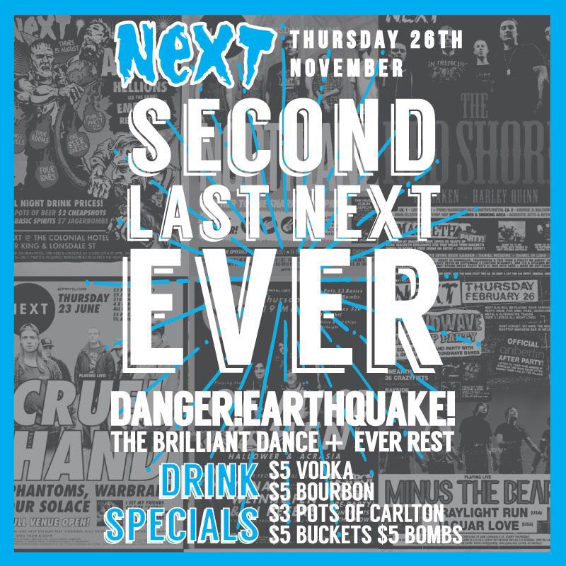 debandofficial's tweet photo. We're playing the second last NEXT! ever! Come down and say hello!!! #dangerearthquake #destroyalllines #next! https://t.co/TvPTK4khDf