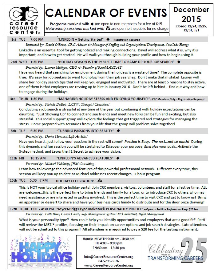 CRCJobSearch's tweet image. The #HolidaySeason is a great time to #jobsearch!  See CRC's December Calendar of Events! careerresourcecenter.org/events/