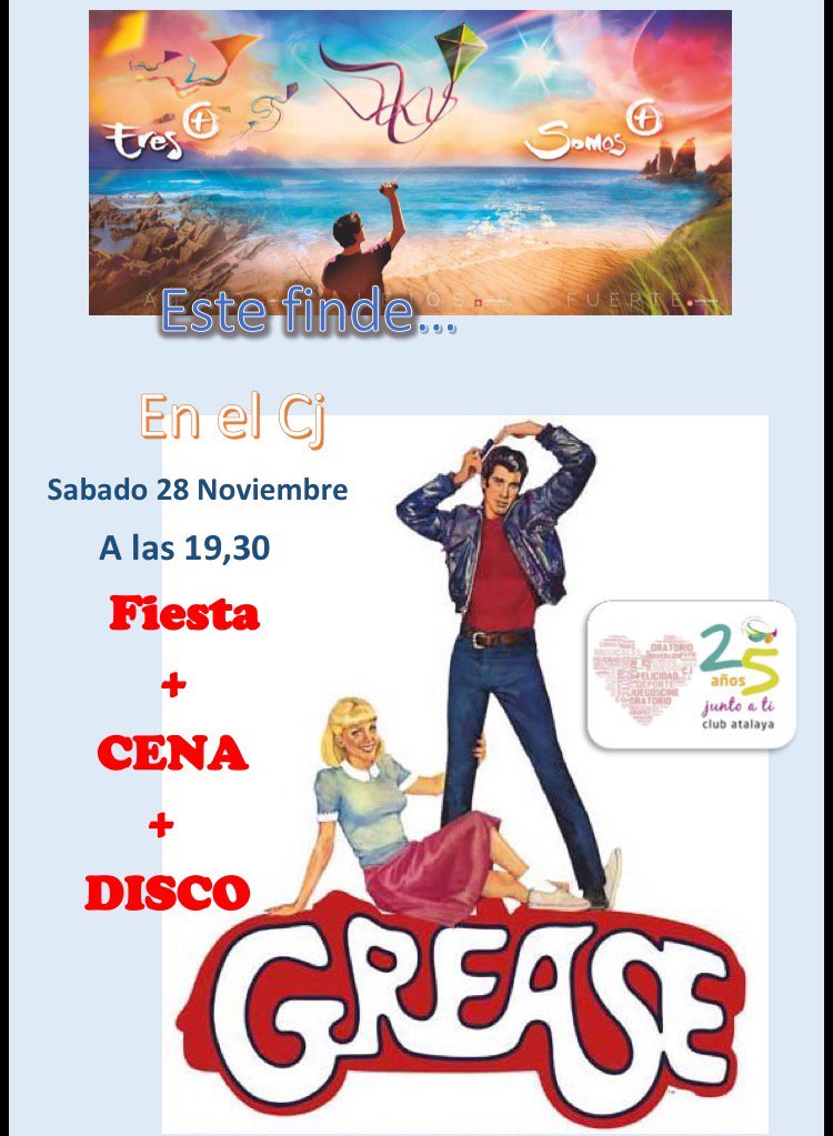 ClubAtalaya's tweet photo. Este fin de semana #fiestagrease en el CJ. Juego + cena + disco! Si no eres del musical también puedes participar! https://t.co/hucfmkI2Nw