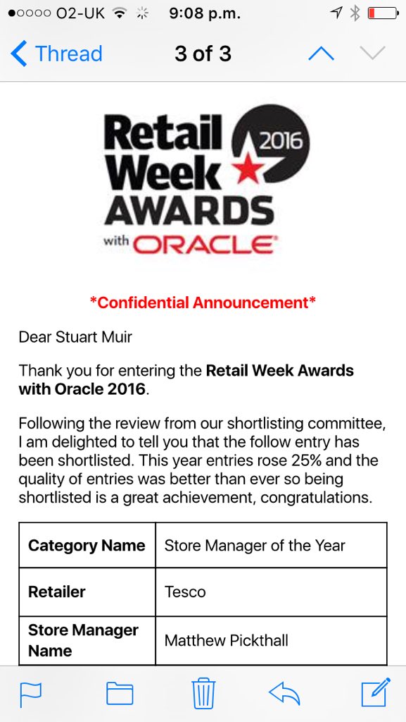 Thankyou for my nomination I'm extremely humbled and proud <a href="/retailweekaward/">RetailWeekAwards</a> | #RWA16