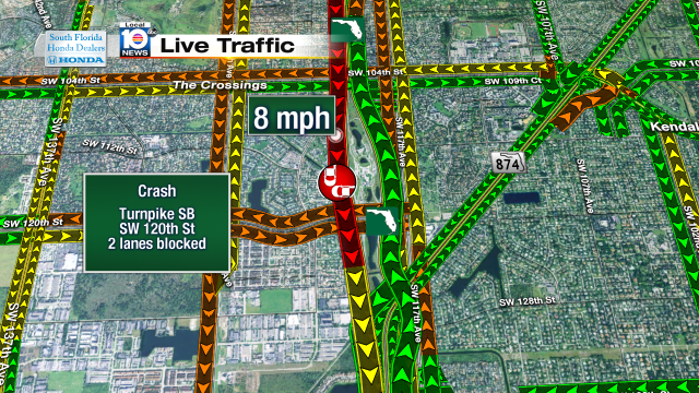 Big backup on Turnpike SB at SW 120th St. Crash blocking 2 lanes. Speeds at 8mph #traffic #miami https://t.co/7OcbFbLhTn