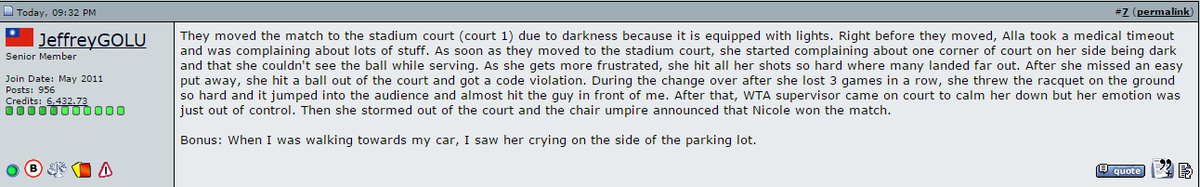 juki_tennis's tweet photo. Based on this tennisforum report of Nicole/Alla match, Alla stormed off court after argument with supervisor. #WTA https://t.co/xoXcgwDMNw