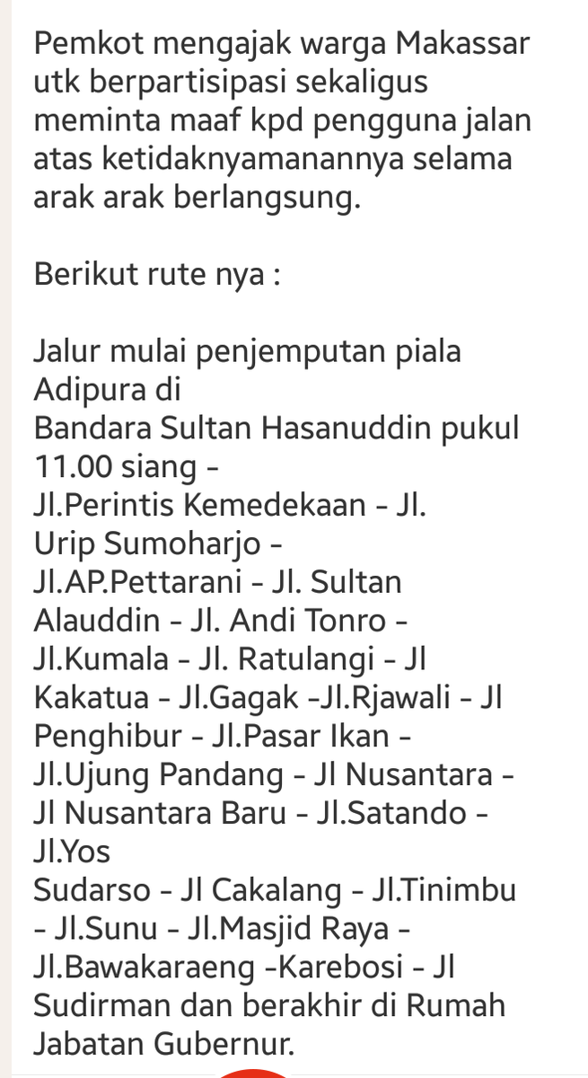 komisijempol's tweet photo. Hari ini akan diadakan arak2an piala Adipura oleh pemkot Makassar dengan rute sbg berikut >> https://t.co/eXmVDqV2qF