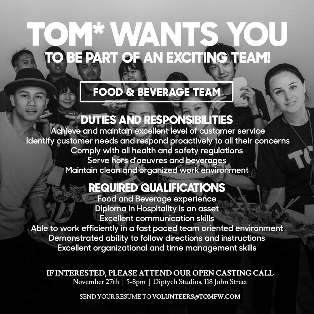 OlgaSavch's tweet photo. Have hospitality experience? TOM* is looking for candidates to be apart of our Food &amp; Beverage team! #TOMFW16 https://t.co/UXgTXgaMwM