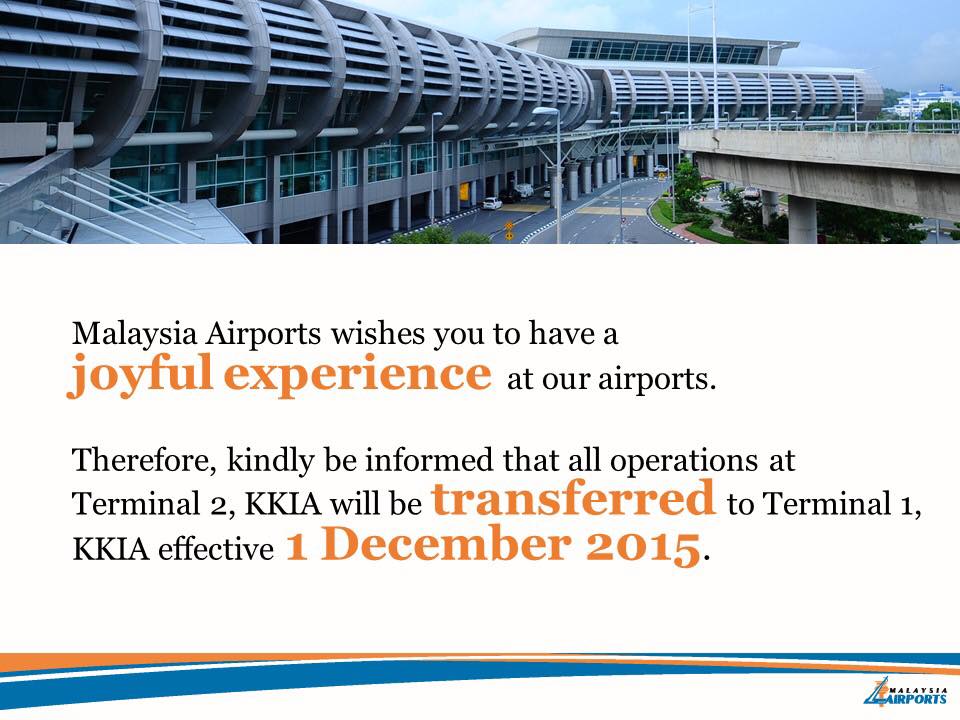 MY_Airports's tweet photo. All operations at Terminal 2, KKIA will be transferred to Terminal 1, KKIA effective 1 Dec 2015. #bki #news https://t.co/k30e8LpDlF