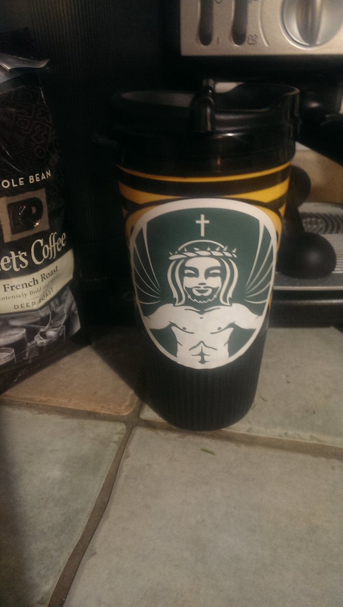 GetJavaJesus's tweet image. Looks good on any coffee cup!  And travel mugs too! #javajesus javajesus.org