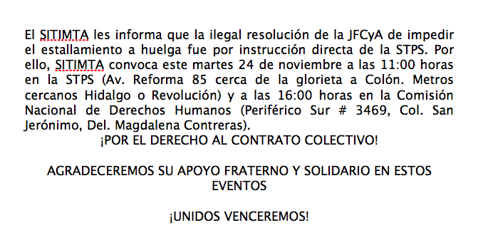 rojosol75's tweet photo. Mitin @SITIMTA 24/11/15
11hrs, STPS (Av.Reforma 85,Metro Hidalgo o Revolución)
16hrs, CNDH (Periférico Sur # 3469) https://t.co/orUidxeYF5