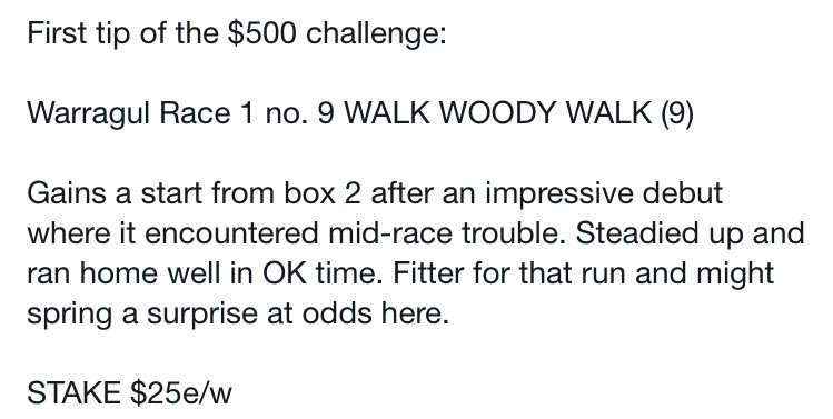 GreyhoundTipsAU's tweet image. November 24 2015

$500 starting bank roll which we use to fund each tip with suggested stake. 

STAKE: $25e/w