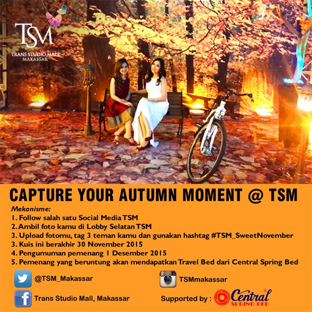 Hai TSM Lovers...
Abadikan &amp; upload moment km di <a href="/TSM_Makassar/">Trans Studio Mall Makassar</a>, &amp; dapatkan Gift dari Central Spring Bed!