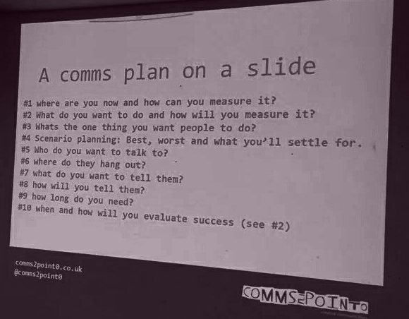 A comms plan on a slide for ace folk at the GCS event in York. #digital #pr #govcomms