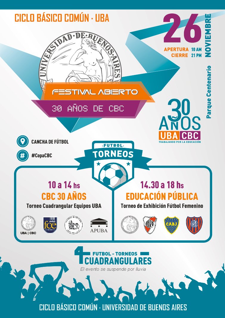FESTIVAL ABIERTO 30 AÑOS DE CBC <a href="/ExtensionCBC/">Extensión CBC</a> 
26 de NOV · 14:30 h · Parque Centenario.
extensioncbc.com.ar