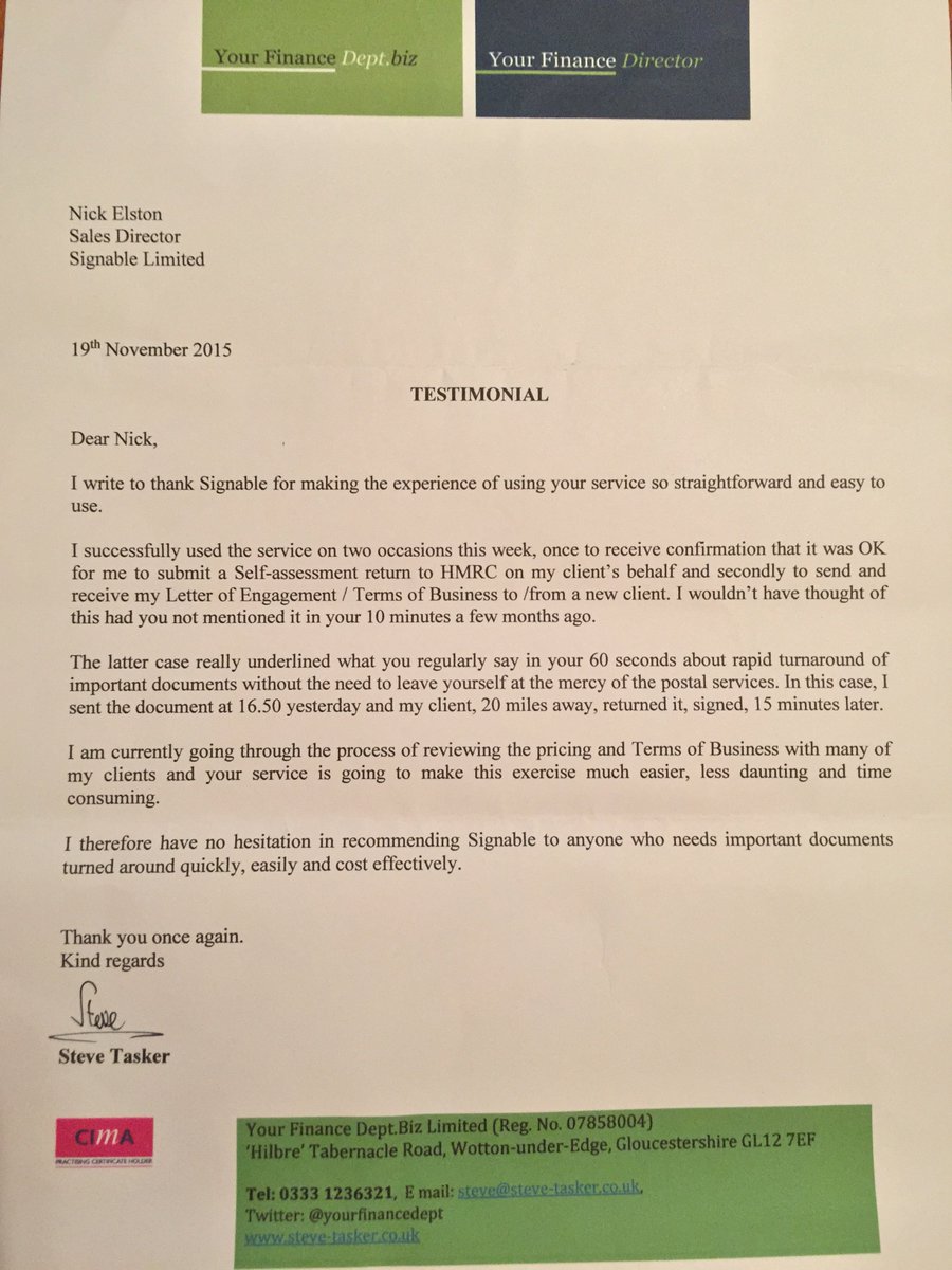 signablehq's tweet photo. A fantastic testimonial from @stevietasker to our @NickElston_ - thanks Steve! #Accountancy #Accountants #Finance https://t.co/gO8PrONdhQ