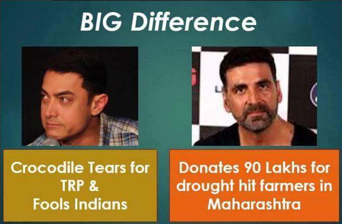 Nisha_komar's tweet photo. Big Difference between a human lovers #AksheKumar and A supporter of Terrorists @aamir_khan Indian must Comments plz https://t.co/dpDY0XrWzQ