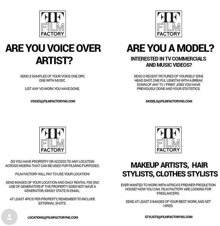 FadeOgunro's tweet photo. Calling all male and female models, voice over artists, stylists and location scouts. @FilmFactoryNg are hiring now! https://t.co/jN89mX5nOV
