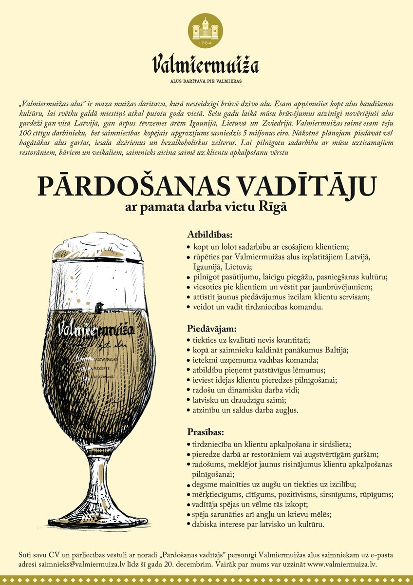 #teirdarbs Ja rūpes par klientiem ir Tava sirdslieta, tad aicinām Tevi Valmiermuižas saimē! bit.ly/pNgwxZ